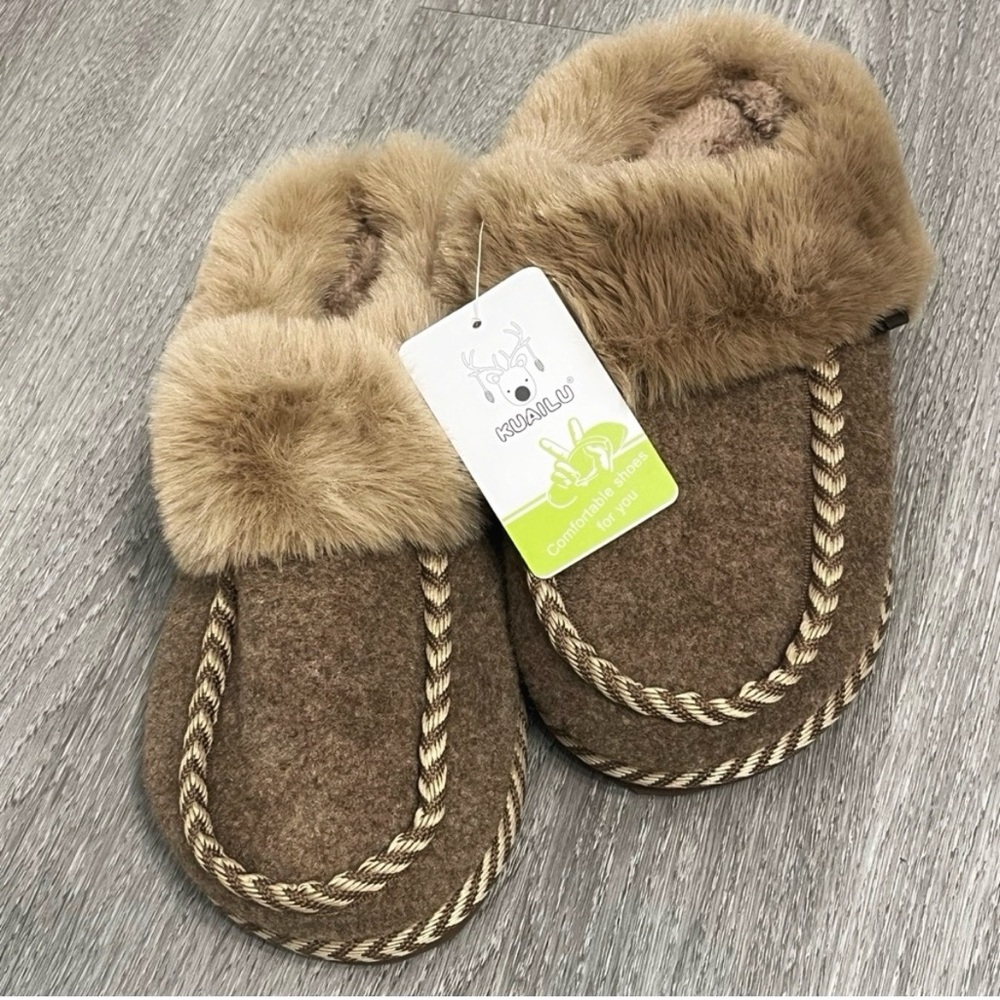 Women’s KuaIlu Fuzzy Slippers Size 6 Brown Sherpa Lined Cozy House Shoes